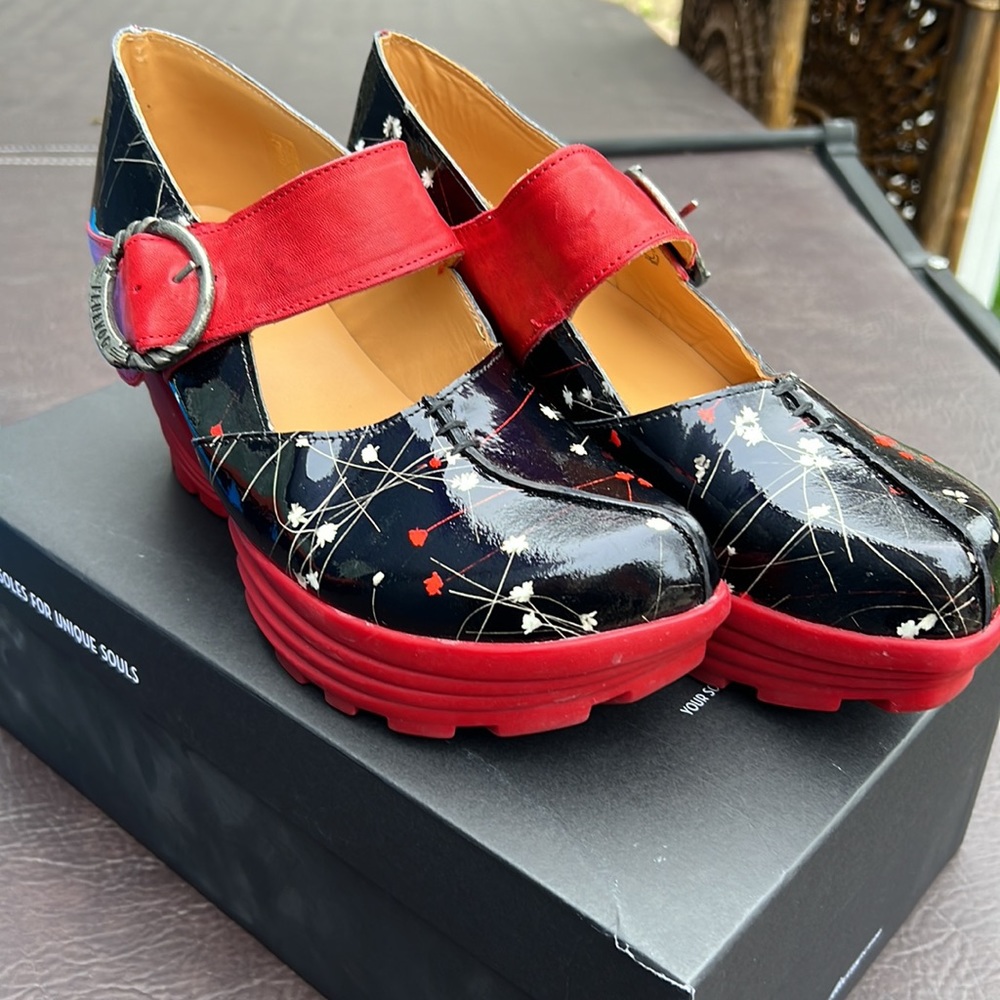 John Fluevog Sonata 10 anniversary shoe floral black red patent leather